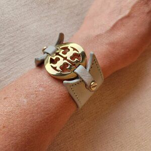 Tory Burch Light Blue-Gray Leather Logo Bracelet